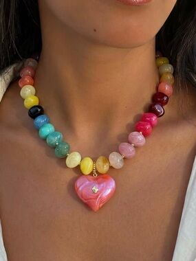 Multicolor Beaded Necklace with Red Heart Pendant